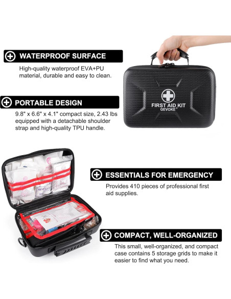 Kit de Primeros Auxilios GEVOKE 410 Piezas Impermeable Negro