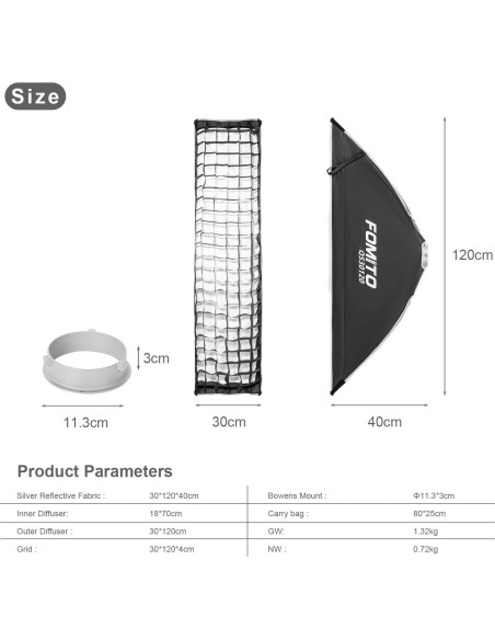 Softbox Rectangular FOMITO 30x120cm con Montaje Bowens