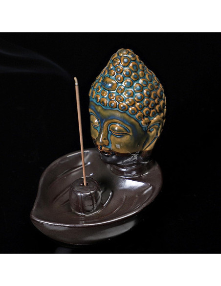 Soporte de Incienso Cerámico Cabeza de Buda YIENENG Azul