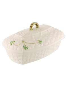 Plato de Mantequilla Belleek con Tapa - Cerámica Irlandesa 9.9x17.8cm