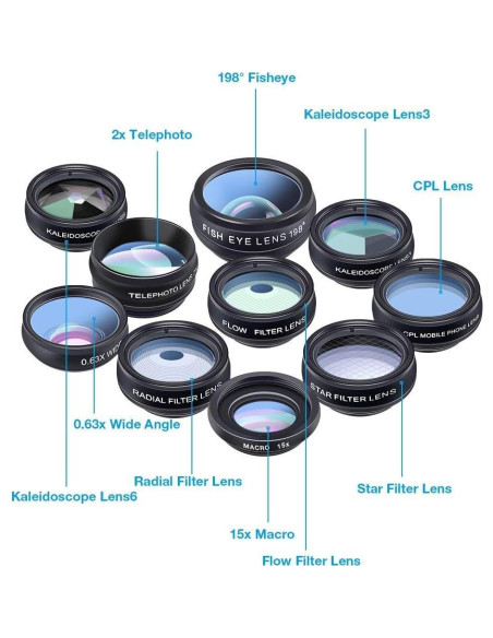 Kit de Lentes 10 en 1 Apexel para Smartphone - Macro, Gran Angular, Telefoto
