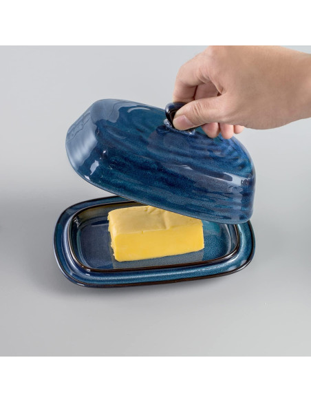 Plato de Mantequilla Hasense de Porcelana Azul con Tapa 19.6x13 cm