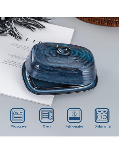 Plato de Mantequilla Hasense de Porcelana Azul con Tapa 19.6x13 cm