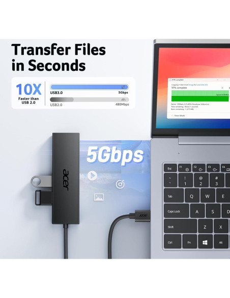 Hub USB Acer 4 Puertos 3.0 con Alimentación Tipo C 0.61m