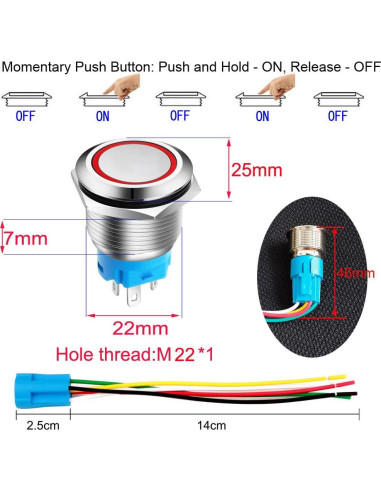 Botón Pulsador Momentáneo Gebildet 22mm Acero Inoxidable LED Rojo