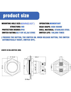 Interruptor de Botón Metálico Lhazemu 16mm 10PCS Automático 2
