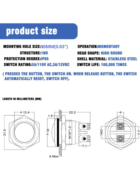 Interruptor de Botón Metálico Lhazemu 16mm 10PCS Automático