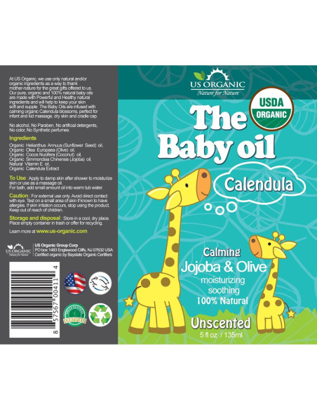 Aceite Orgánico para Bebés US Organic 148 ml Sin Fragancia