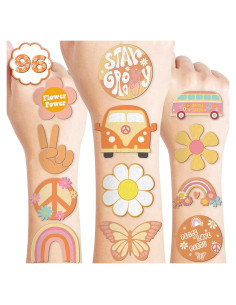 96 Tatuajes Temporales Pre-Cortados Multicolor Retro Hippie