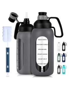 Botella de Agua de Vidrio Aqulea 64 Oz Gris con Popote y Funda
