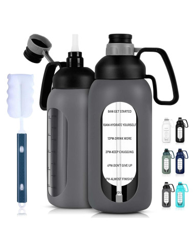 Botella de Agua de Vidrio Aqulea 64 Oz Gris con Popote y Funda