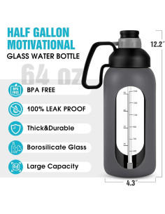 Botella de Agua de Vidrio Aqulea 64 Oz Gris con Popote y Funda 2