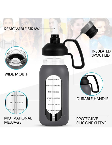 Botella de Agua de Vidrio Aqulea 64 Oz Gris con Popote y Funda