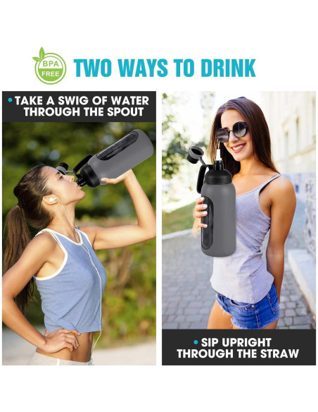 Botella de Agua de Vidrio Aqulea 64 Oz Gris con Popote y Funda