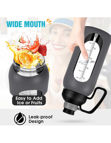 Botella de Agua de Vidrio Aqulea 64 Oz Gris con Popote y Funda