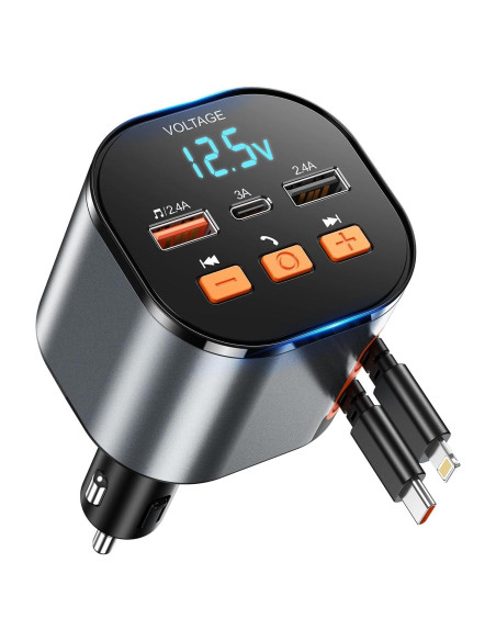 Cargador Retráctil 30W PD Tipo-C y iPhone con Transmisor FM