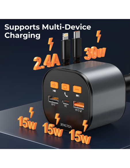 Cargador Retráctil 30W PD Tipo-C y iPhone con Transmisor FM