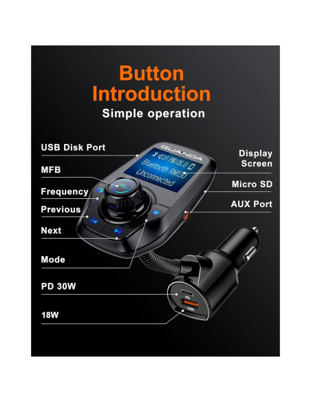 Transmisor FM Bluetooth 5.3 GUANDA para Coche con Cargador PD 30W