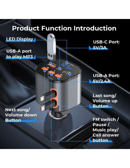 Cargador Retráctil 30W PD Tipo-C y iPhone con Transmisor FM