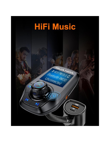 Transmisor FM Bluetooth 5.3 GUANDA para Coche con Cargador PD 30W