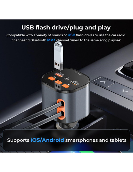 Cargador Retráctil 30W PD Tipo-C y iPhone con Transmisor FM