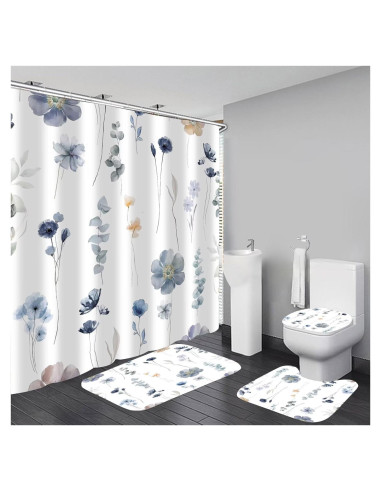 Juego de Cortina de Ducha DDQQ Floral 4 Piezas Antideslizante