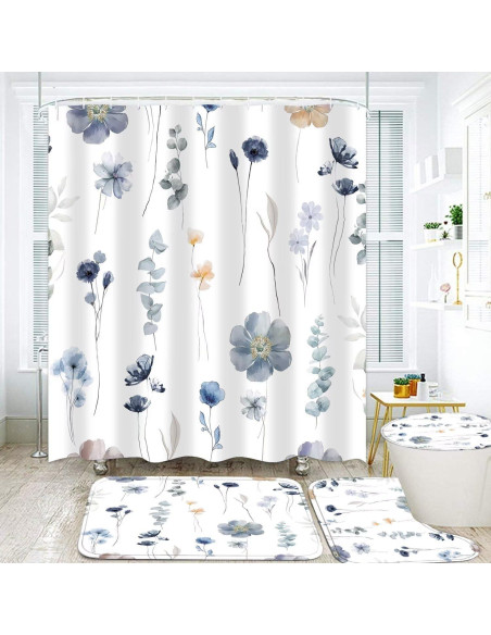 Juego de Cortina de Ducha DDQQ Floral 4 Piezas Antideslizante