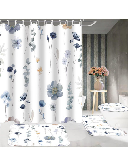 Juego de Cortina de Ducha DDQQ Floral 4 Piezas Antideslizante