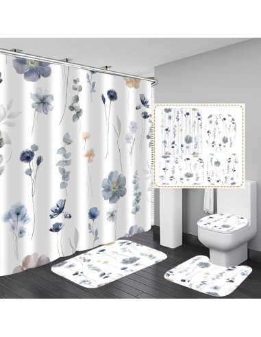Juego de Cortina de Ducha DDQQ Floral 4 Piezas Antideslizante