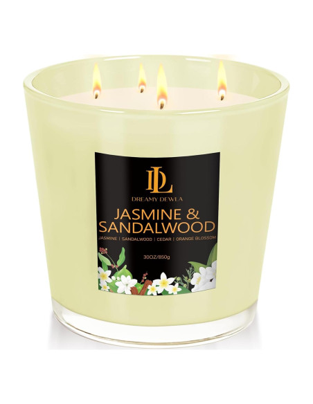 Vela Aromática Grande 30oz Soja Natural 4 Mechas Jazmín y Sándalo
