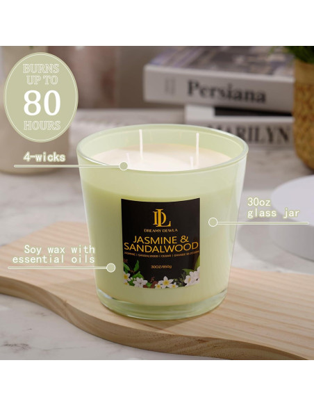Vela Aromática Grande 30oz Soja Natural 4 Mechas Jazmín y Sándalo