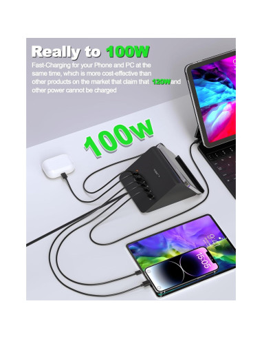 Estación de Carga USB C 100W SOLOPEN con Cargador Inalámbrico 15W