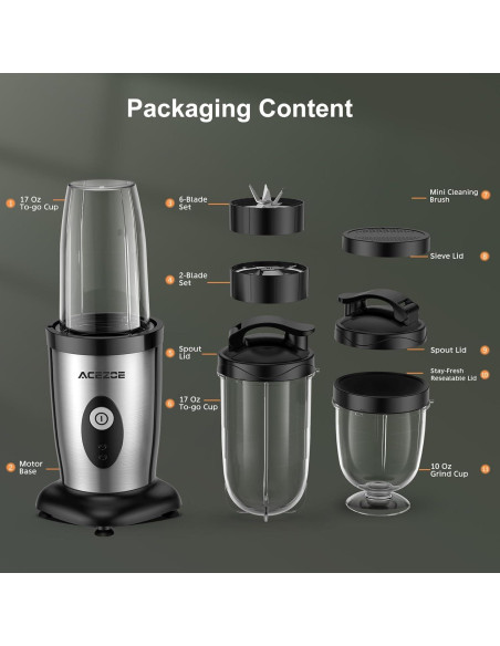 Batidora de Smoothies Acezoe 850W 6-hojas 2 Botellas 500ml