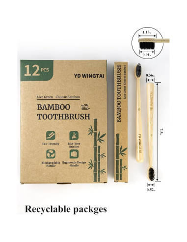 Cepillos de Dientes de Bambú YD WINGTAI Paquete de 12 Biodegradables