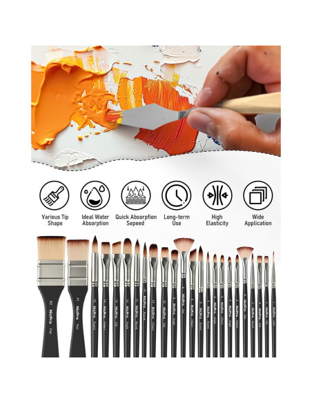 Conjunto de Pinceles de Pintura Nicpro 26pcs Nylon para Acrílico y Acuarela
