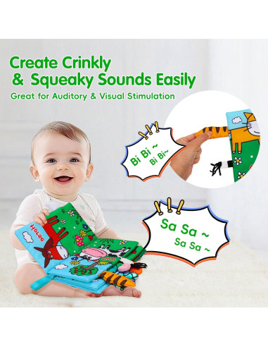 Libros de Tela Sensoriales para Bebés Thremhoo - Dinosaurios y Granja