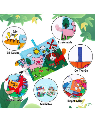 Libros de Tela Sensoriales para Bebés Thremhoo - Dinosaurios y Granja