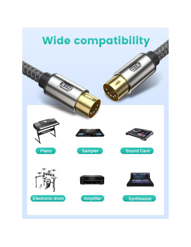 Cable MIDI 5 Pines EMK Trenzado 2M - Conectores Niquelados