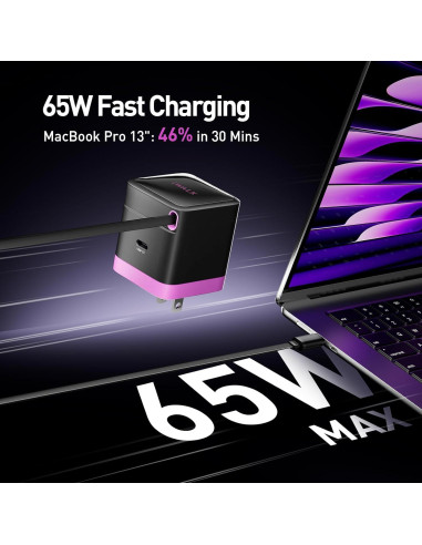 Cargador iWALK 65W GaN con cable USB-C retráctil negro