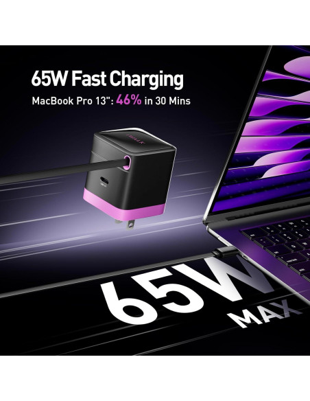 Cargador iWALK 65W GaN con cable USB-C retráctil negro
