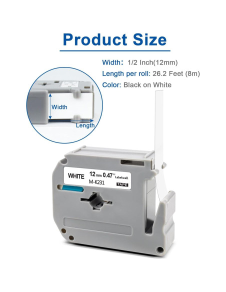 Paquete de 8 Cintas de Etiqueta Labelwell M-K231 12mm Negra