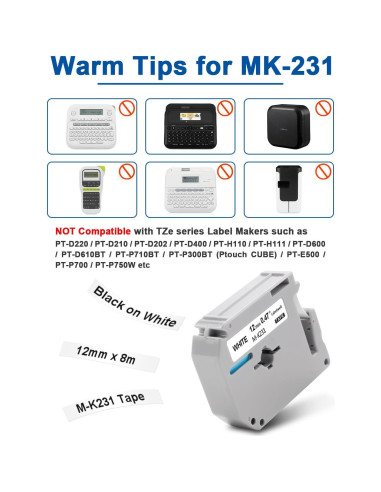 Paquete de 8 Cintas de Etiqueta Labelwell M-K231 12mm Negra