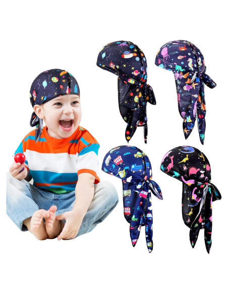 4 Durags de Satén para Bebés Dinosaurio y Espacio 0-6 Años