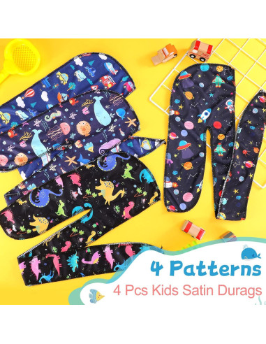 4 Durags de Satén para Bebés Dinosaurio y Espacio 0-6 Años
