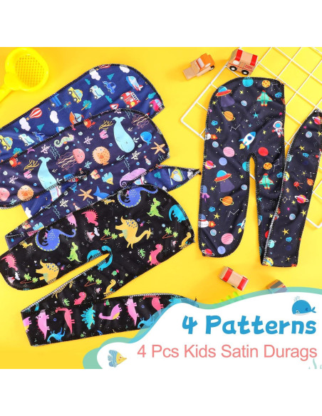 4 Durags de Satén para Bebés Dinosaurio y Espacio 0-6 Años