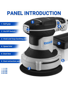 Lijadora Orbital Eléctrica DEKOPRO 300W 5" 6 Velocidades con Polvo 2