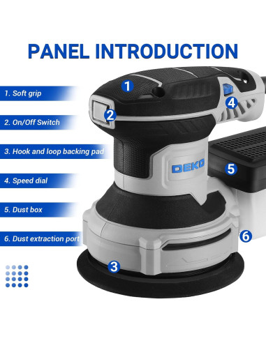 Lijadora Orbital Eléctrica DEKOPRO 300W 5" 6 Velocidades con Polvo