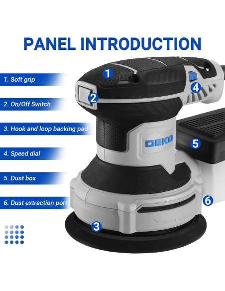 Lijadora Orbital Eléctrica DEKOPRO 300W 5" 6 Velocidades con Polvo