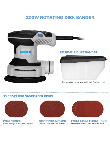 Lijadora Orbital Eléctrica DEKOPRO 300W 5" 6 Velocidades con Polvo