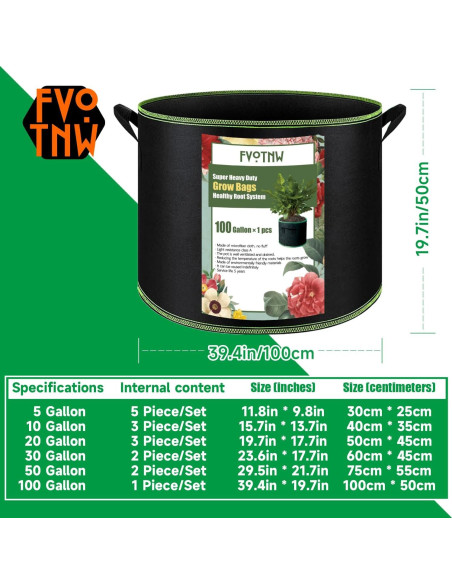 Bolsas de Crecimiento FVOTNW 100 Galones para Jardín